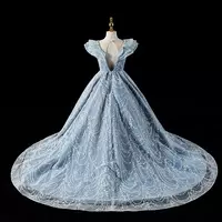 Puffy Flower Girls Dresses 3D Flower V Neck Long Sleeve Kids Teens Pageant Gowns Birthday Party Dress For Wedding long tail Gown - Thumbnail 1