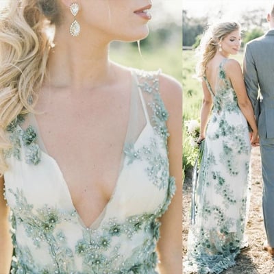 V neck wedding dresses bridal gown with green lace - Thumbnail 3