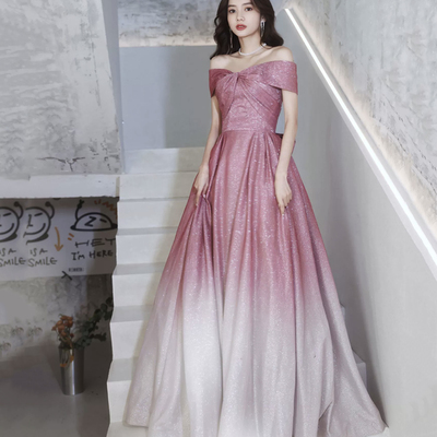 Cute pink off the shoulder evening party dress - Thumbnail 1