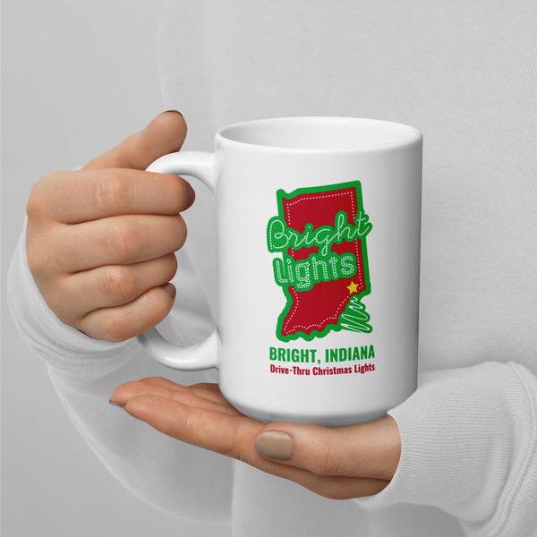 15oz Bright Lights Christmas Lights Drive-Thru - Bright, Indiana White glossy mug with Logo