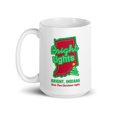 15oz bright lights christmas lights drive-thru - bright, indiana white glossy mug with logo