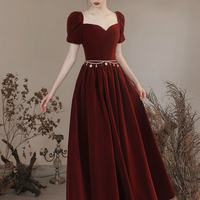 Burgundy Velvet Long Prom Dress, Beautiful A-Line Evening Party Dress - Thumbnail 1