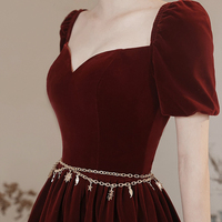 Burgundy Velvet Long Prom Dress, Beautiful A-Line Evening Party Dress - Thumbnail 3