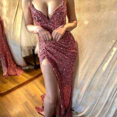 Sheath straps long pink sequin prom dresses - Thumbnail 3