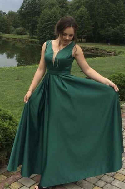 Simple Long Green Satin Formal Prom Dress