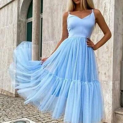 Simple straps v neck blue short prom dresses - Thumbnail 4
