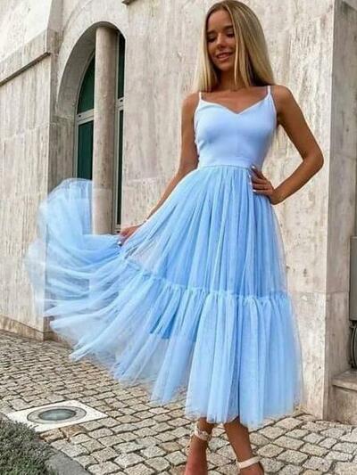 Simple Straps V Neck Blue Short Prom Dresses
