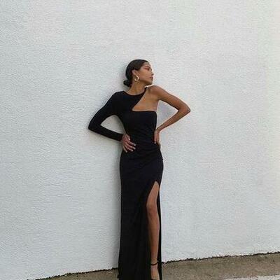 Unique one shoulder black a line prom dress - Thumbnail 3