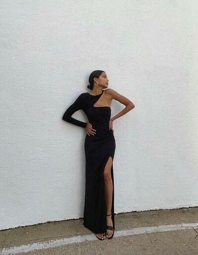 Unique One Shoulder Black A Line Prom Dress