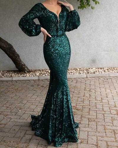 Charming Sparkly Green Long Sleeve Evening Prom Dresses