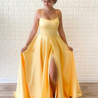 Simple a line yellow backless stain prom dresses - Thumbnail 4