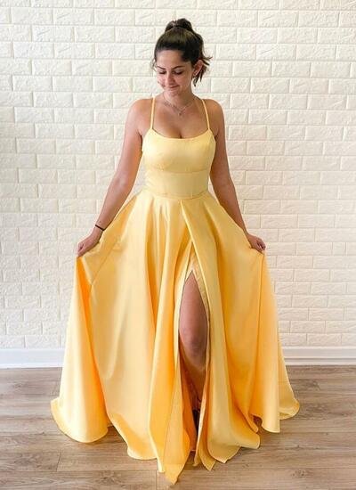 Simple A Line Yellow Backless Stain Prom Dresses