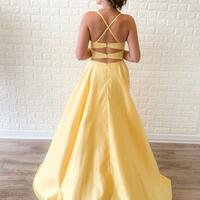 Simple A Line Yellow Backless Stain Prom Dresses - Thumbnail 1