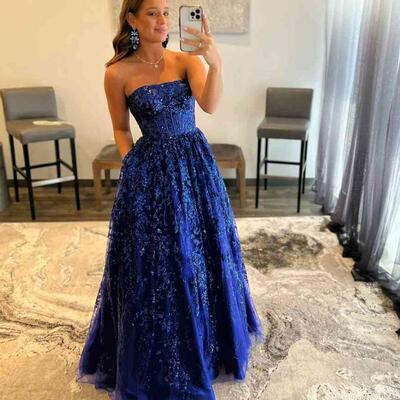 Strapless royal blue lace long prom dress with pockets - Thumbnail 4