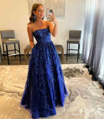 Strapless Royal Blue Lace Long Prom Dress with Pockets