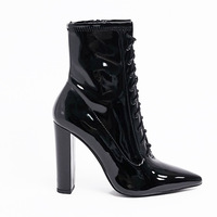Black patent leather pointed thick high heel strap side zipper fashion large size ankle boots - Thumbnail 1