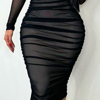Solid Color V-Neck Mesh Long Sleeved Dress - Thumbnail 3