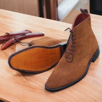 Handmade men's brown suede laceup wing tip dress boot  - Thumbnail 2