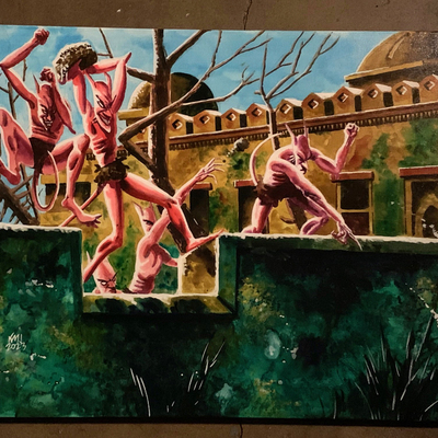 Stone throwing devils 20" x 16" original repainting on canvas