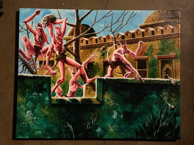 Stone Throwing Devils 20" x 16" original repainting on canvas