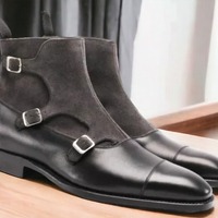 Handmade Men's Black Leather Suede Three Buckle Cap Toe Boot - Thumbnail 1