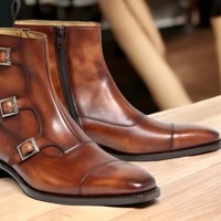 Handmade Men's Brown Leather Cap toe Three Buckle Side Zipper Ankle High Boot - Thumbnail 1