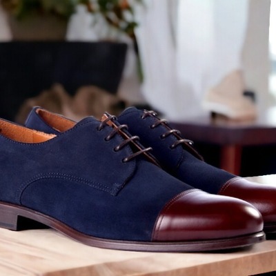 Handmade men's two tone laceup leather suede derby dress shoes - Thumbnail 1