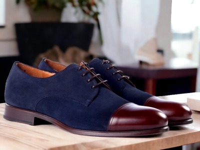 Handmade Men's Two tone Laceup Leather Suede Derby Dress Shoes