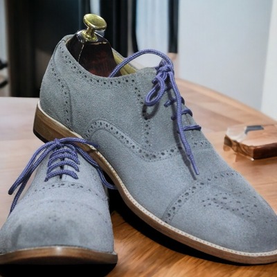 Handmade men's gray suede lace up brogue toe dress shoes - Thumbnail 3