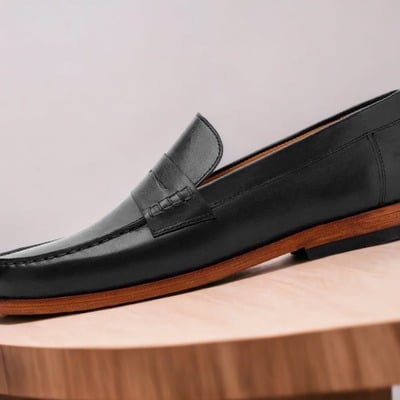 Handmade men's black leather penny slip on loafer shoes - Thumbnail 1