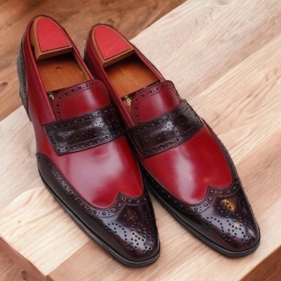 Handmade men's two tone leather wing tip penny loafer shoes - Thumbnail 1