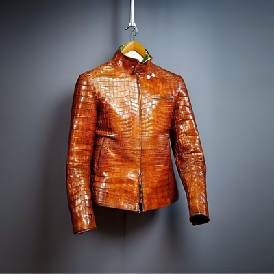 Hand Stitched Tan Crocodile Textured Leather Men's Winter Fashion Leather Coat Men Style