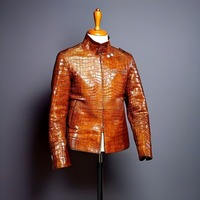 Hand Stitched Tan Crocodile Textured Leather Men's Winter Fashion Leather Coat Men Style - Thumbnail 4