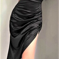 Gorgeous Vintage Asymmetric Satin Halter Back Strap Tie Ruffle Bustier Push Up Low Back High Slit Ruched Bodycon Maxi Dress - Thumbnail 8