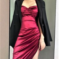 Gorgeous Vintage Asymmetric Satin Halter Back Strap Tie Ruffle Bustier Push Up Low Back High Slit Ruched Bodycon Maxi Dress - Thumbnail 5