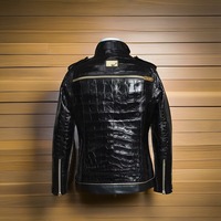Hand Stitched Black Crocodile Textured Leather Men's Winter Fashion Leather Coat Men Style - Thumbnail 2