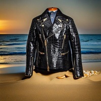 Hand Stitched Black Crocodile Textured Leather Men's Winter Fashion Leather Coat Men Style - Thumbnail 3