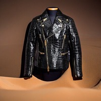 Hand Stitched Black Crocodile Textured Leather Men's Winter Fashion Leather Coat Men Style - Thumbnail 4