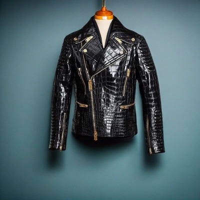 Hand stitched black crocodile textured leather men's winter fashion leather coat men style