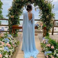 Charming A Line V Neck Light Blue Long Chiffon Wedding Guest Dresses - Thumbnail 1