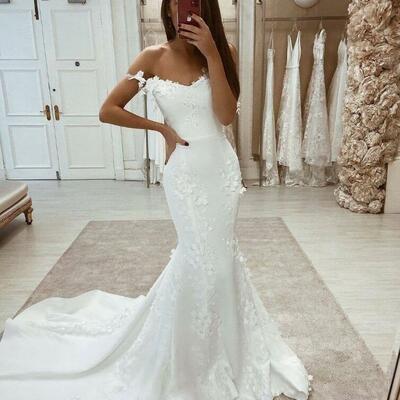 Mermaid off the shoulder satin wedding dresses with lace appliques - Thumbnail 1