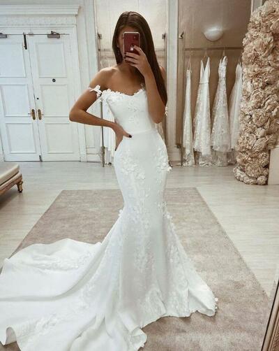 Mermaid Off the Shoulder Satin Wedding Dresses with Lace Appliques