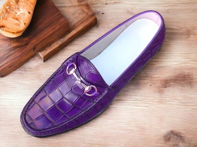 Handmade Men's purple Alligator Leather Horse Bit Slip on Loafer Shoes