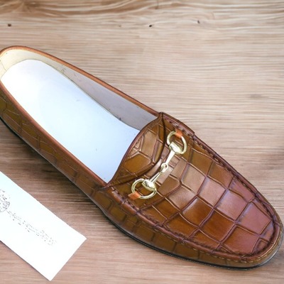 Handmade men's brown alligator leather horse bit slip on loafer shoes - Thumbnail 1