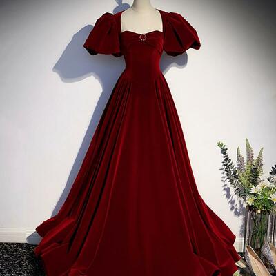 A line burgundy velvet long evening dresses - Thumbnail 1