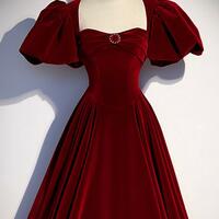 A Line Burgundy Velvet Long Evening Dresses - Thumbnail 2