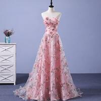 Beautiful A Line Pink Tulle 3D Flowers Prom Dresses - Thumbnail 1