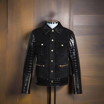Hand stitched black suede & crocodile leather winter's fashion slim fit biker leather jacket men style