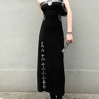 Perfect Vintage Milan Stylish Push Up Bustier Neckline Off Shoulder High Slit Metal Eyelet With Chain Across Trim Detail Vogue Bodycon Maxi Dress - Thumbnail 1