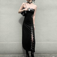 Perfect Vintage Milan Stylish Push Up Bustier Neckline Off Shoulder High Slit Metal Eyelet With Chain Across Trim Detail Vogue Bodycon Maxi Dress - Thumbnail 2